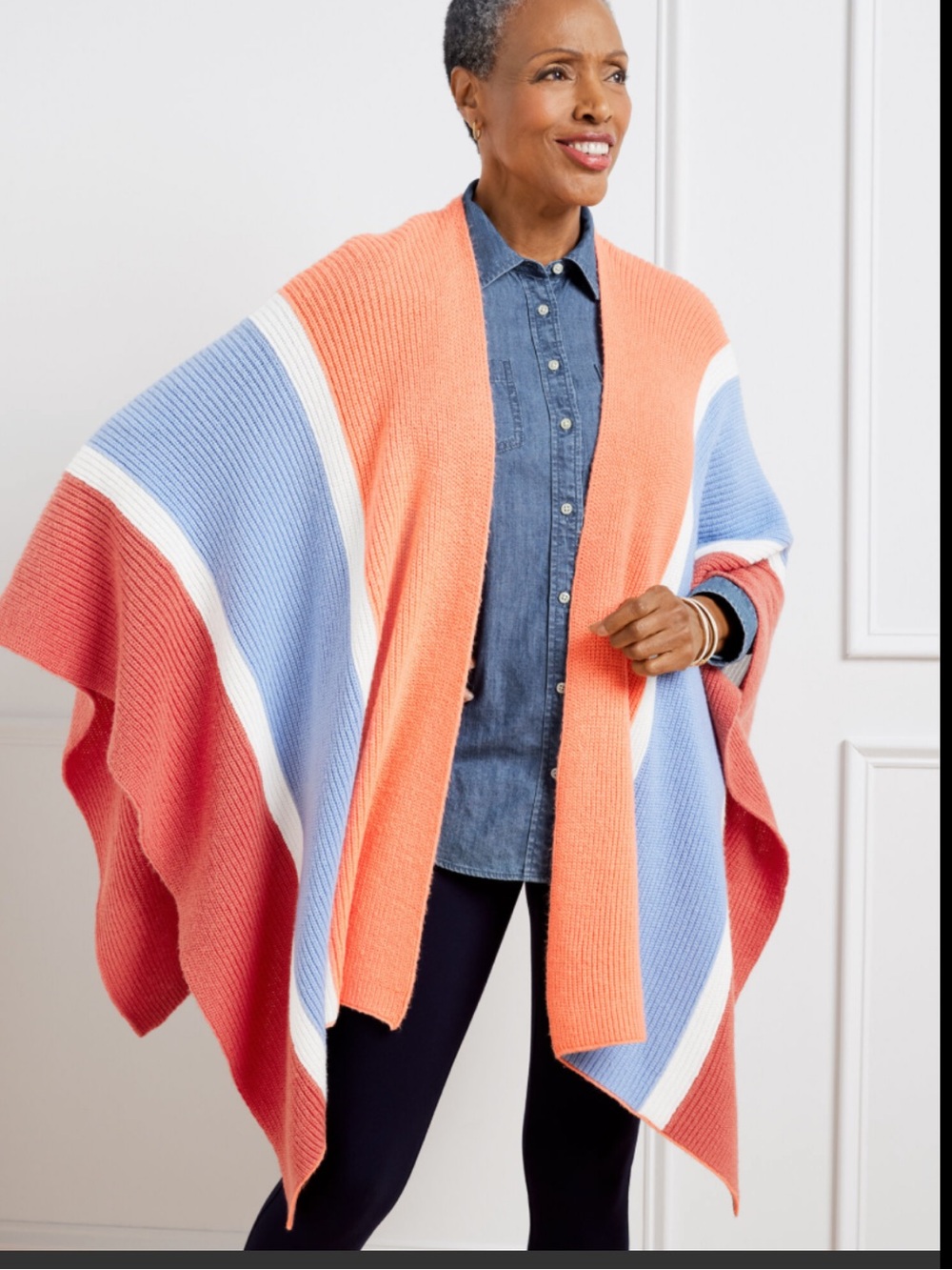 Talbots one size Colorblock Knit Ruana  in Coral, Blue & Red